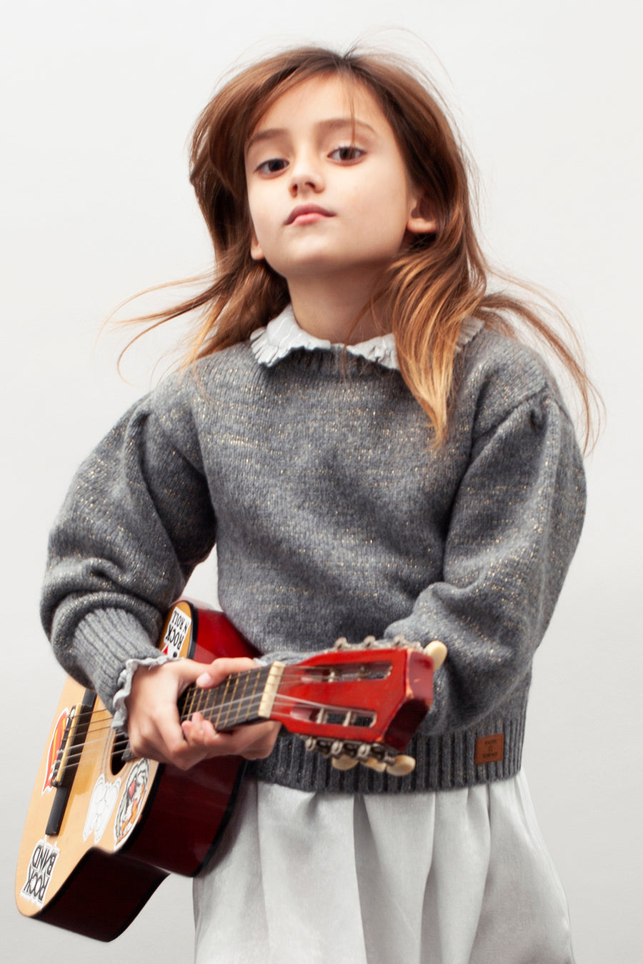 Tocoto Vintage Balloon Sleeve Lurex Girls Sweater Dark Grey 14 Dark Grey at Mini Ruby Contemporary Childrenswear