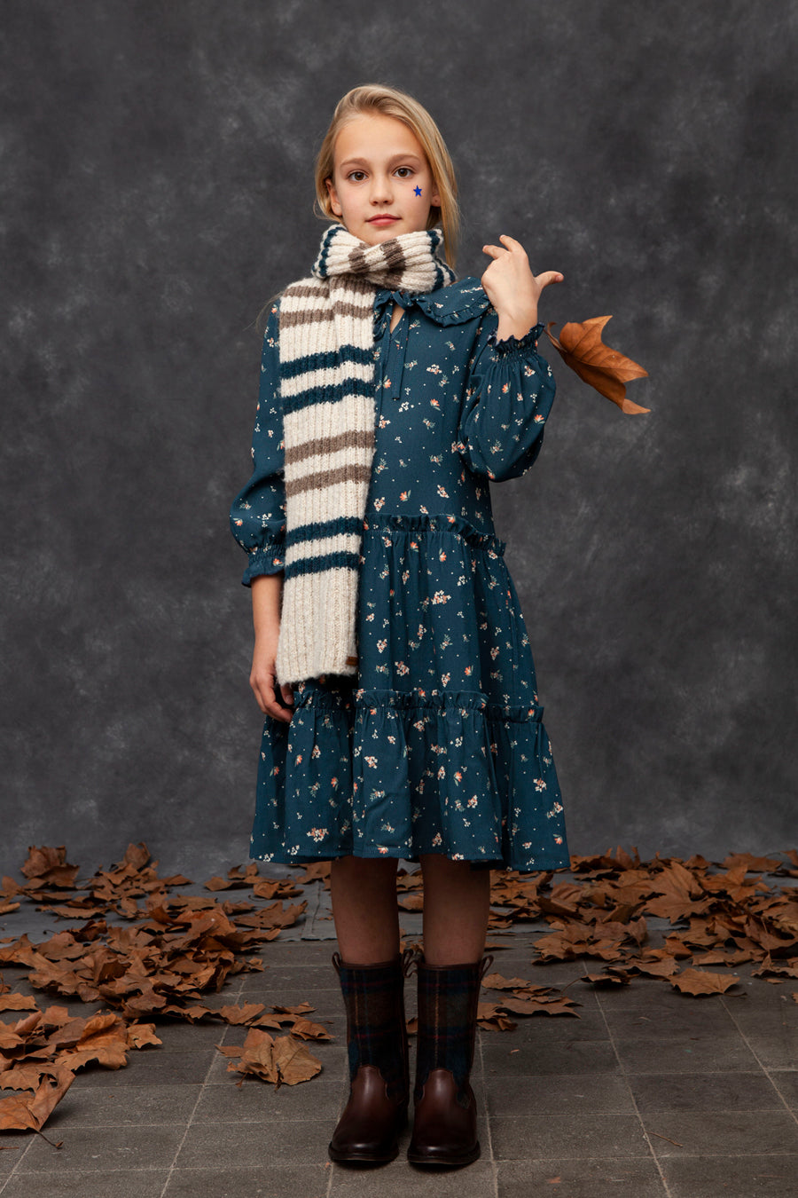 Girls Dress Tocoto Vintage Midi Long Flower Print 4 / Dark Green