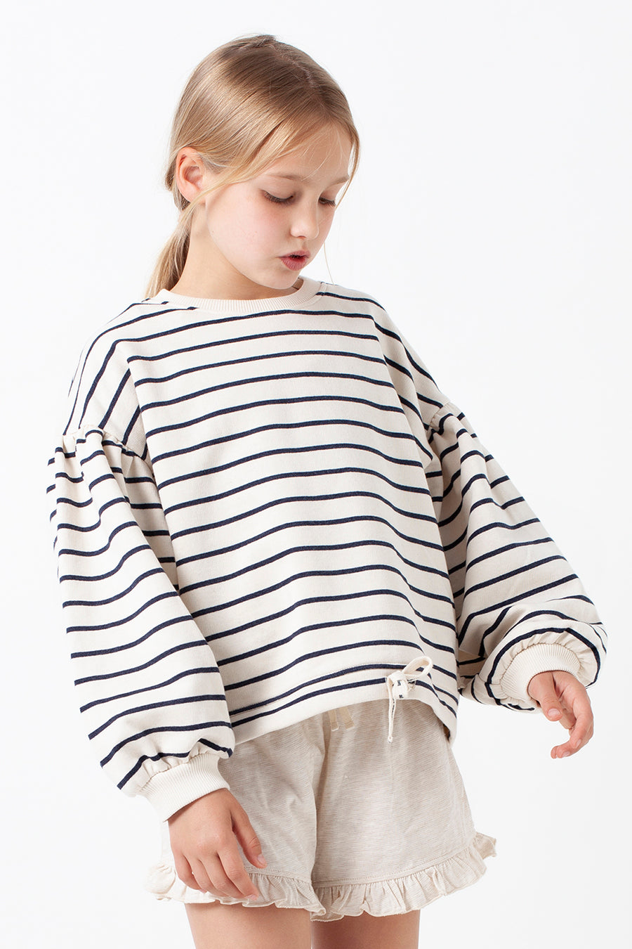 Tocoto Vintage Organic Cotton Striped Balloon Sleeve Sweatshirt Girl Taupe Brown