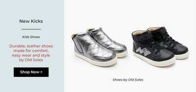 silver shoes and black kids shoes