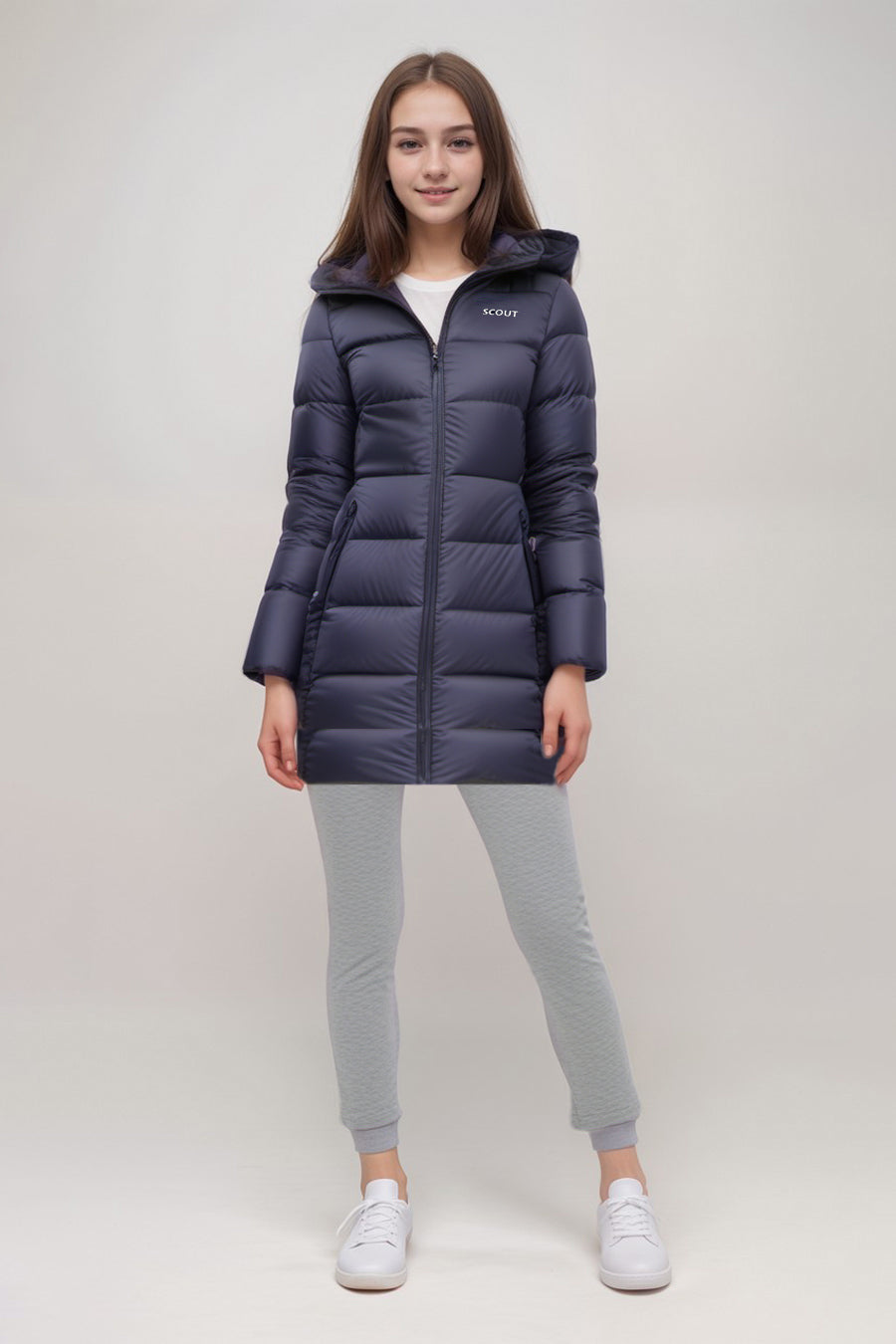 long navy down coat