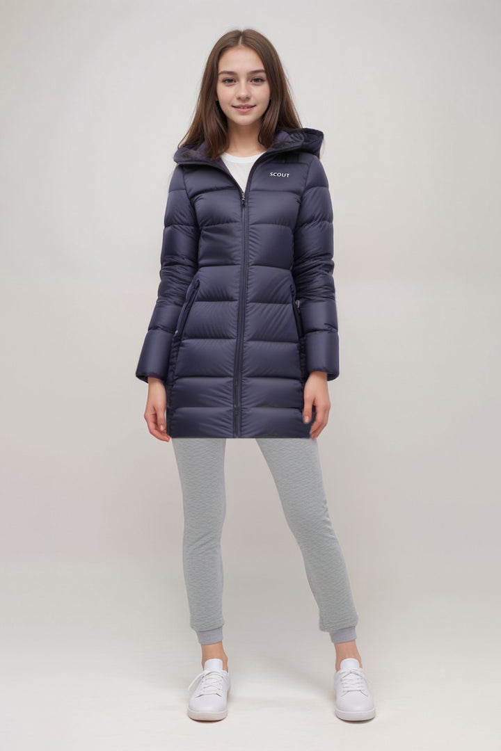 long navy down coat