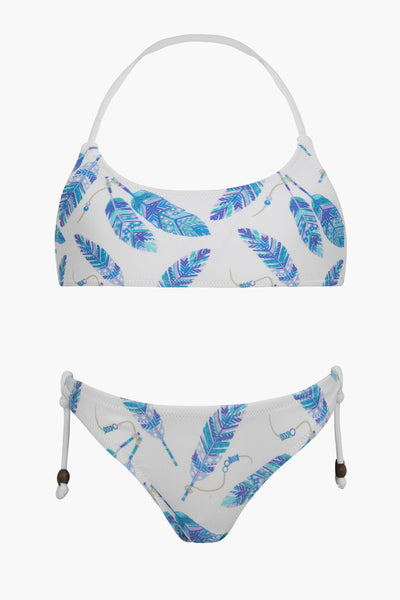 girls swimsuit blue feathers