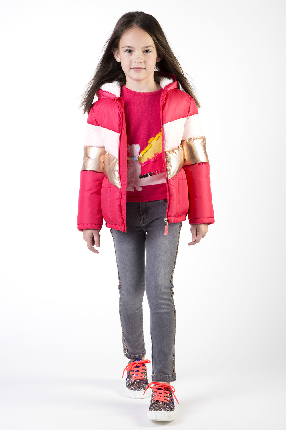 girls pink puffy jacket with gold model