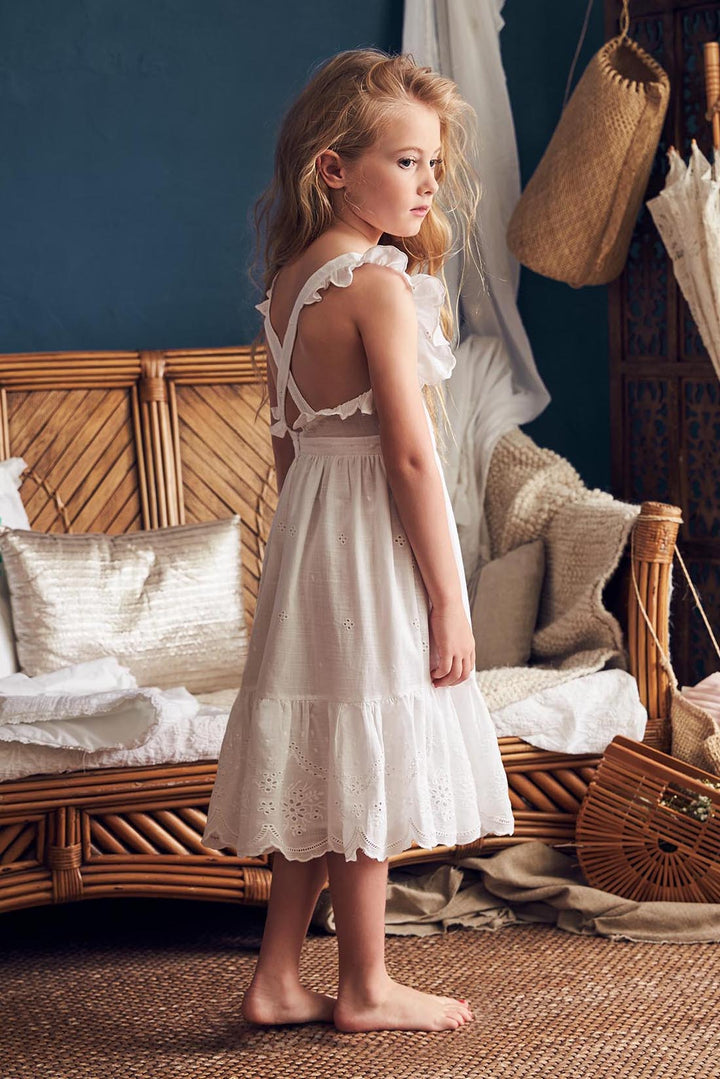 Nellystella Elina Girls Dress - White Cross Stitch – Mini Ruby