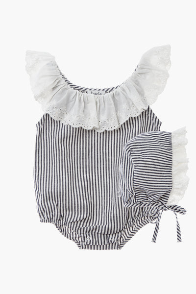 Tocoto Vintage Baby Girl Striped Romper With Bonnet