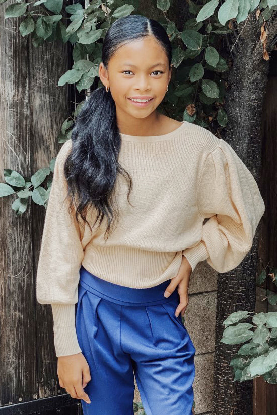 Habitual Kids Puff Sleeve Girls Sweater - Khaki (Size 12 left