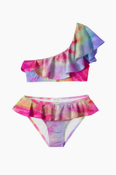 Stella Cove One Shoulder Tie Dye Ruffled Girls Bikini