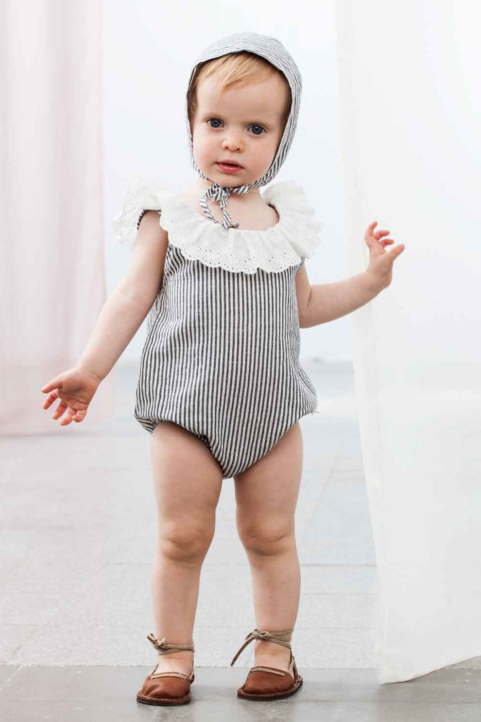 Tocoto Vintage Baby Girl Striped Romper With Bonnet