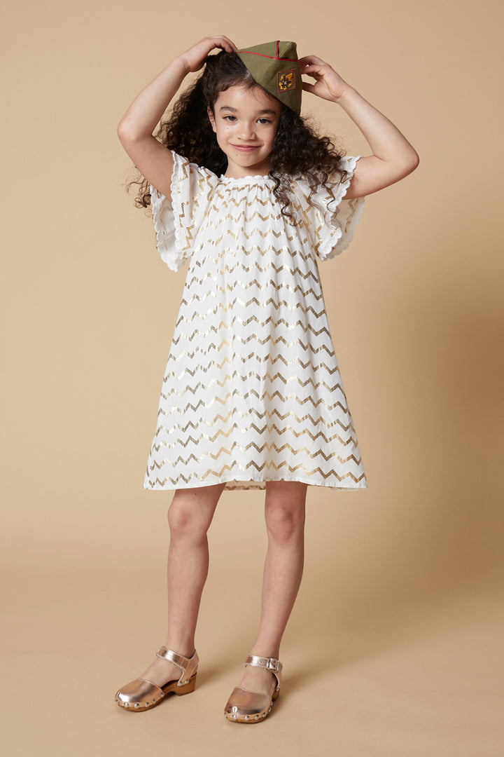 Velveteen Rosemary Chevron Girls Dress 8 / White/Gold Velveteen Rosemary Chevron Girls Dress 8 / White/Gold