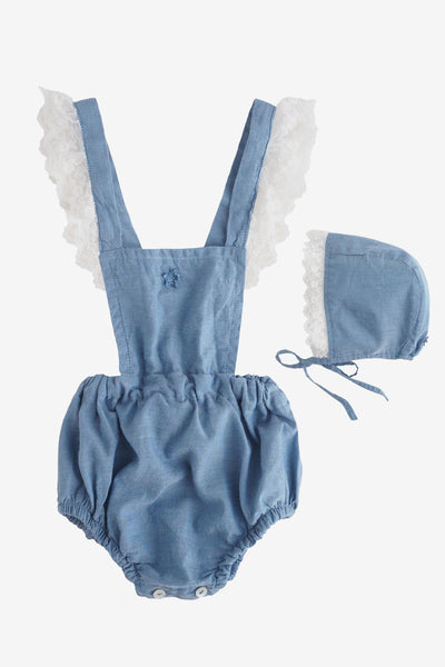 Tocoto Vintage Chambray Lace Romper w/Hat