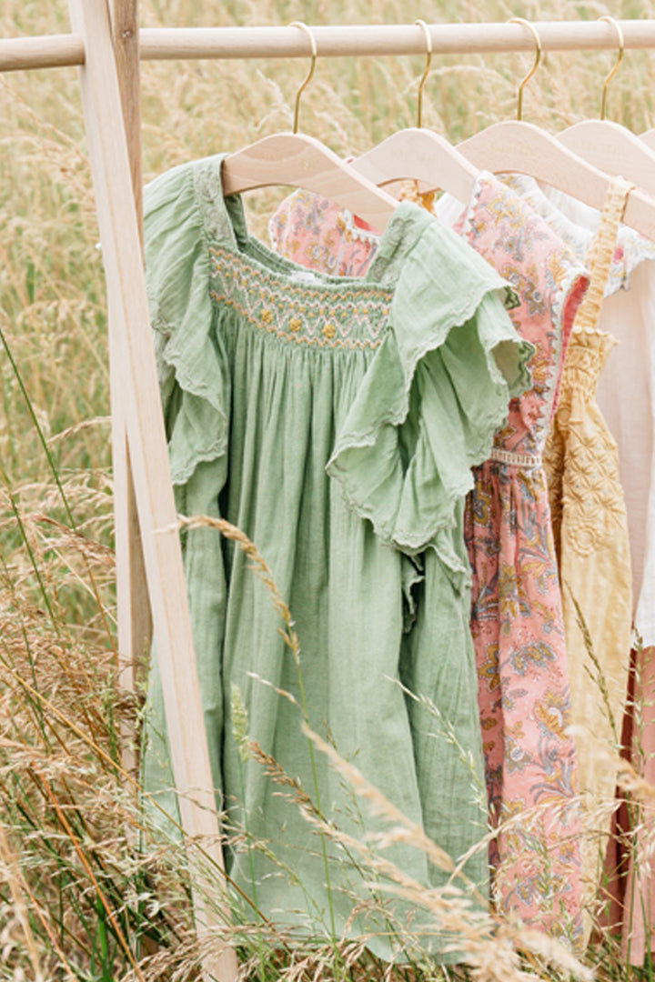 olive green girls dress Olive Green Organza Flower Girl Dress: Ruffle Sleeves, Bow Back
