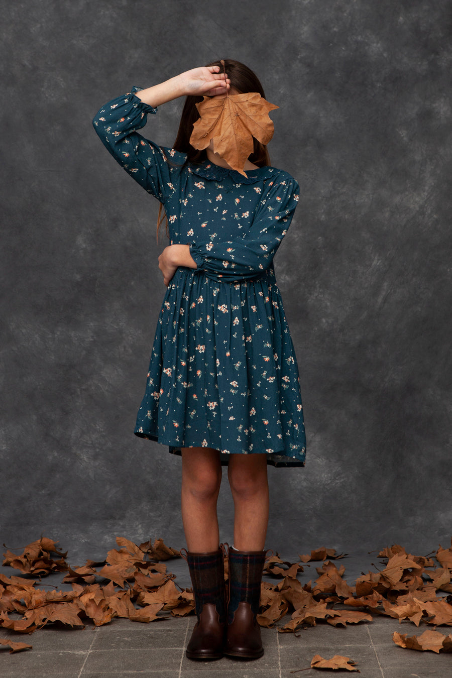 Girls Dress Tocoto Vintage Midi Long Flower Print 4 Dark Green at Mini Ruby Contemporary Childrenswear