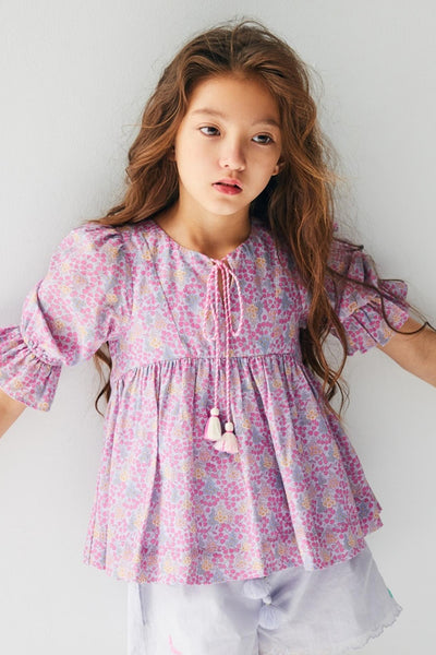 Nellystella Naomi Girls Blouse - Blooming Hearts Blue Yonder