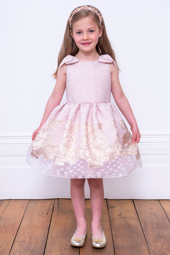 David Charles Pink and Gold Floral Brocade Girls Dress Mini Ruby