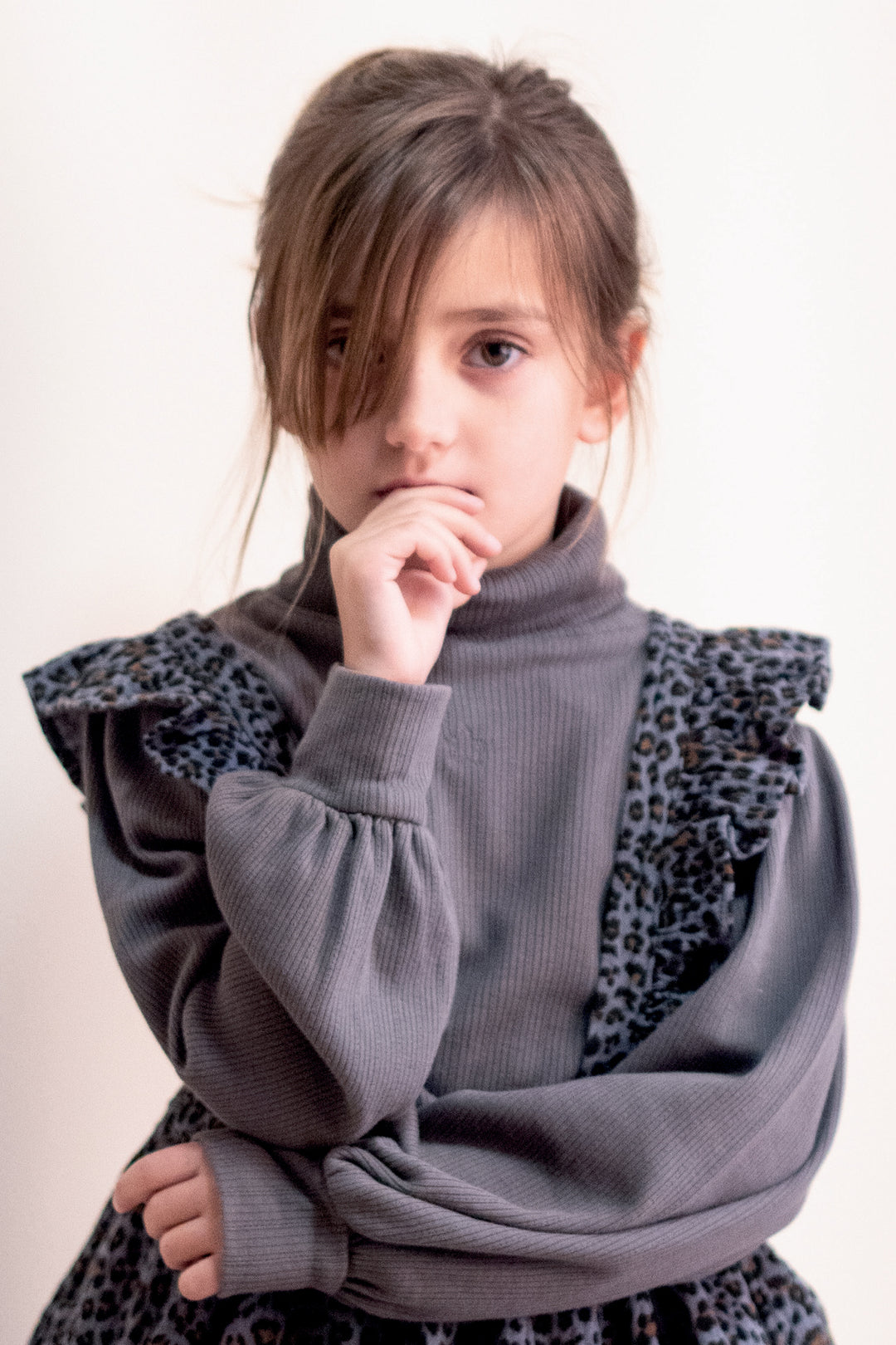 Tocoto Vintage Puff Sleeve Girls Turtleneck - Grey