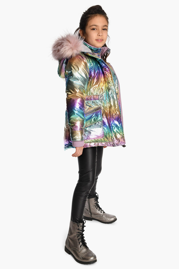 Girls' Hooded Rainbow Puffer Coat - Black Contrast Panel With Faux Fur - A2Z 4 Kids®