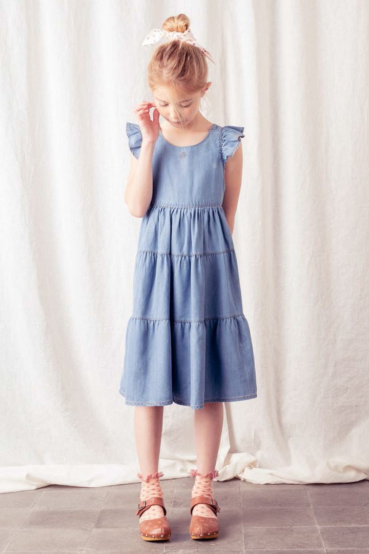 Tocoto Vintage Ruffled Denim Midi Girls Dress